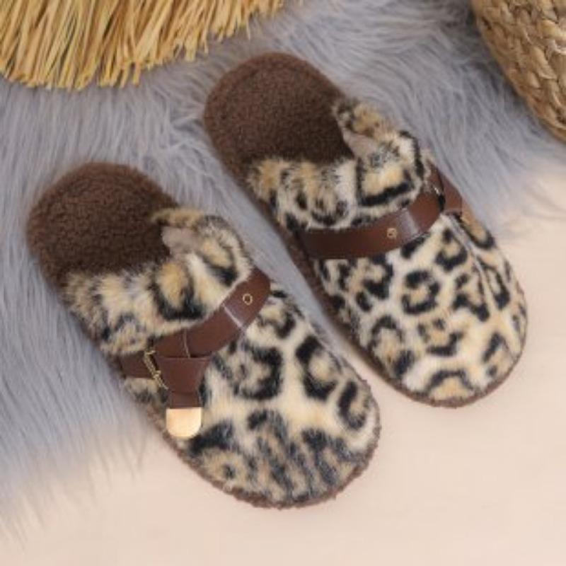 

Women s Leopard Print Baotou Plush Slippers Padded Warm Winter Thick Bottom Heightened Home Slippers Casual Hiking Indoor Shoes Snow Cotton Mops 36-37