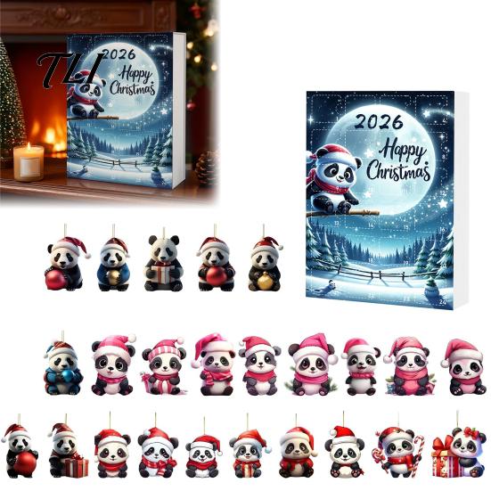 Chinese Style Panda Decor 2D Acrylic Cute Ornaments Advent Calendar, 24 Days Christmas Holiday Party Favors for Kids Countdown Collectible Hanging