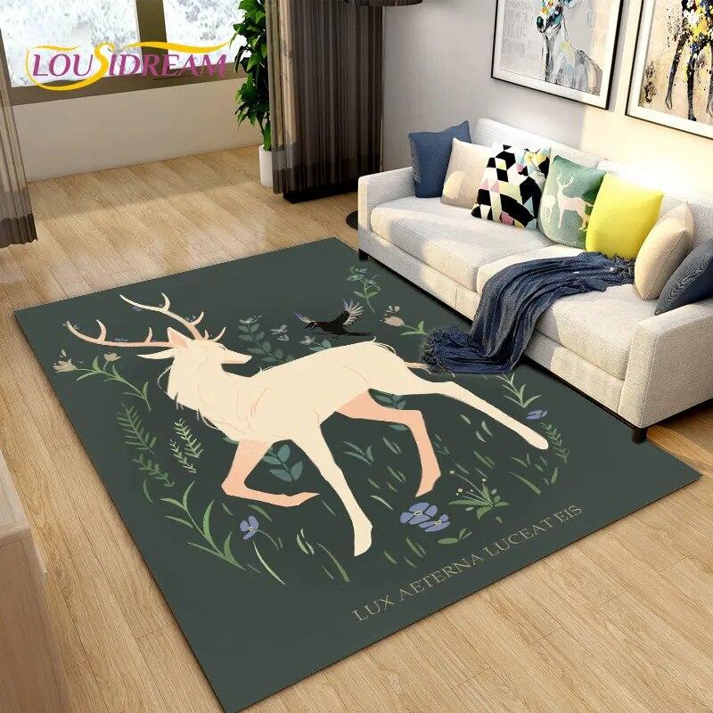 3D Cartoon Nordic Elk Reindeer Area Rug,Carpet Rug for Living Room Bedroom Sofa Doormat Decoration,Child Play Non-slip Floor Mat