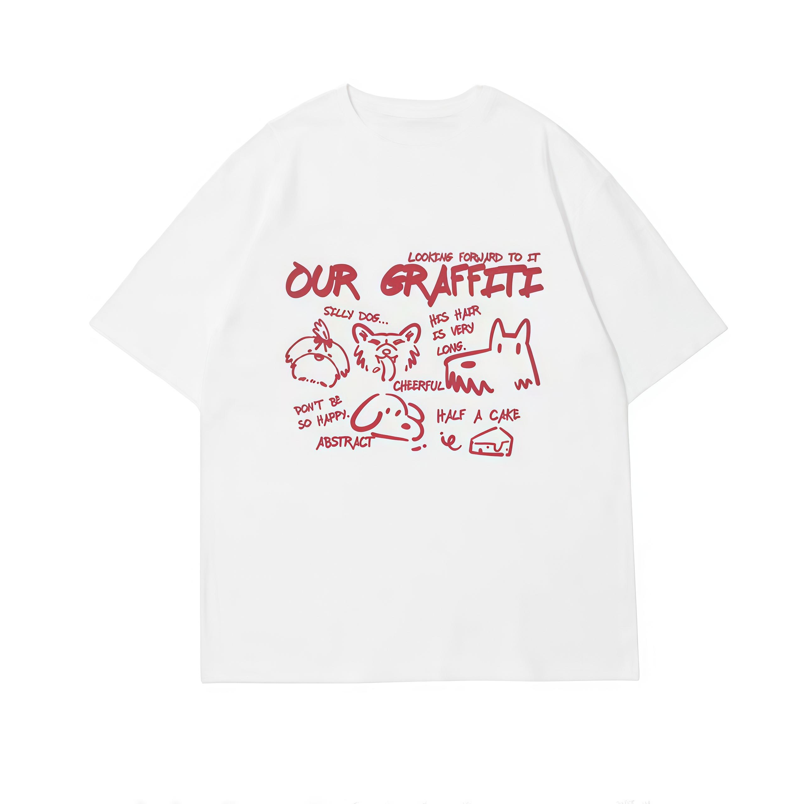 

Unisex Women Our Graffiti Funny Dog Doodle TShirt Abstract Cartoon Print Oversized Cotton Short Sleeve Casual Black Tee Top S