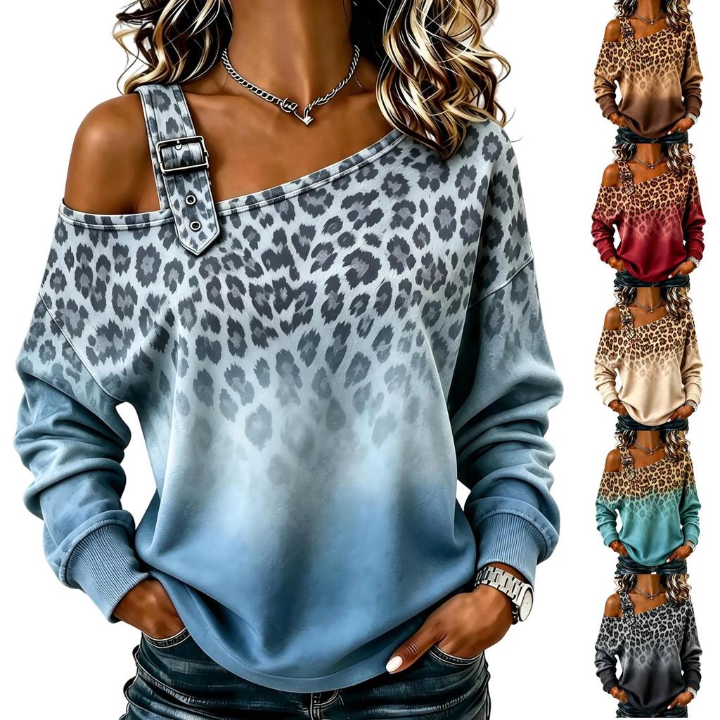 Casual Long Sleeve Neck Pullover Sweatshirt with Leopard and Polka Dot Print