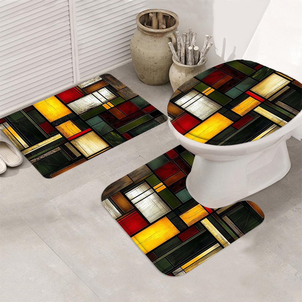 Creative Grid Decorative Shower Curtain Bathroom Set - Machine Washable, With 12 Hooks, Including Toilet Seat Cover And Bathtub