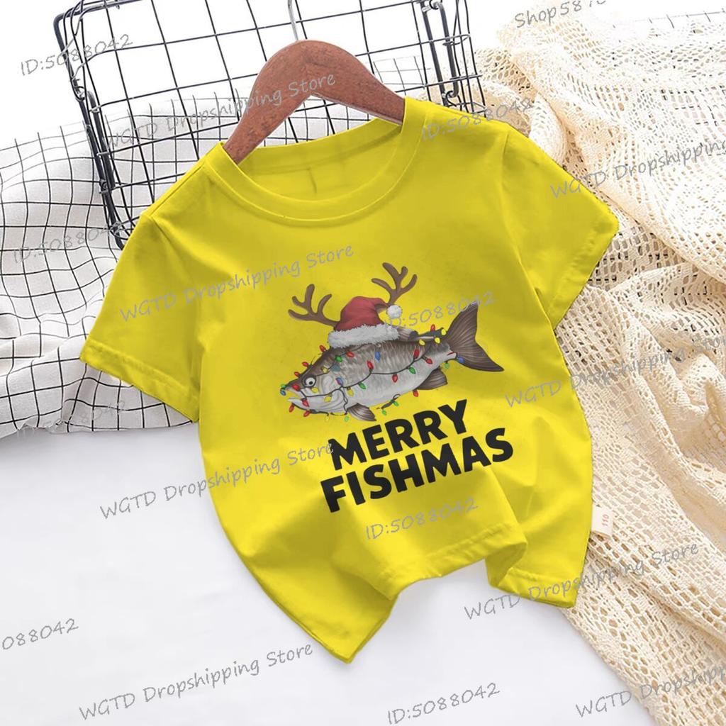 Merry Fishmas Print Christmas T-shirts Short Sleeve Boys Girls Fashion Christmas Clothes Cartoon Hip Hop Wild Xmas Tees