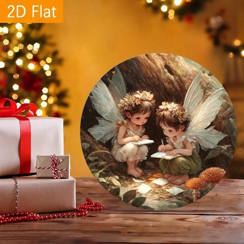 Vintage Fairy Forest Metal Wall Art 8 Inch Round Aluminum Plaque Enchanted Mushroom House Decor