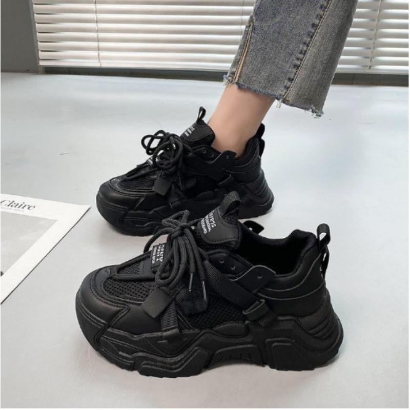 Spring and summer new mesh college style platform casual sports shoes round head lace-up heightening dad shoes women