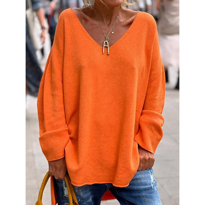 T-shirt Casual da Donna a Manica Lunga Larga, Colore Unito, Scollo a V, Comoda