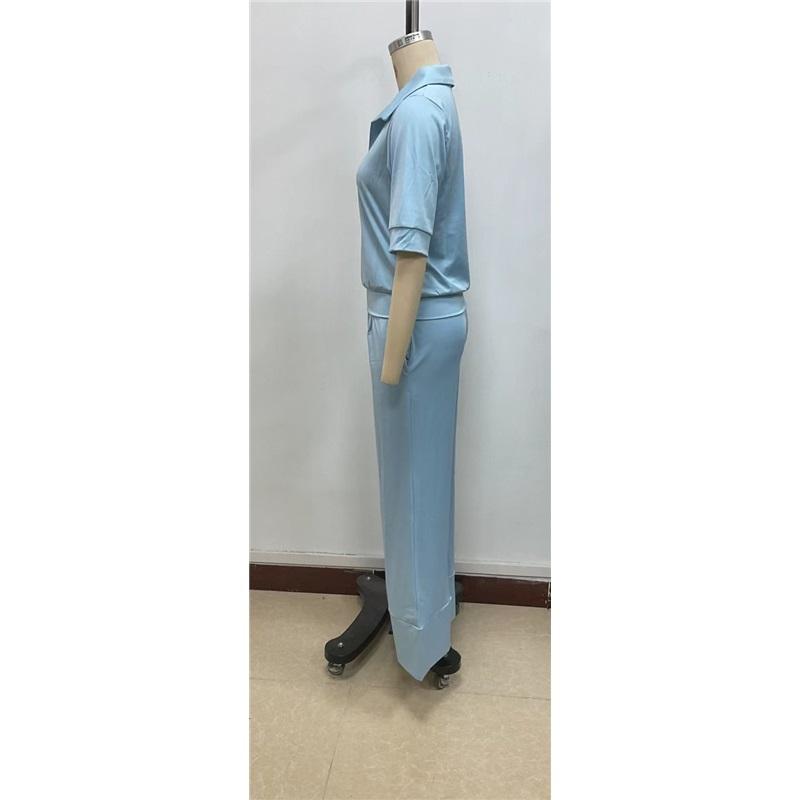 Women's 2Pcs Solid Color Casual Tracksuit Polo Neck Half Sleeve Top + Flare Pants Set