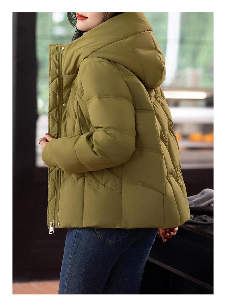 Damska 2024 Zimowa Krótka Kurtka Puchowa z Kapturem - Petite, Pogrubiona, Ciepła Kurtka z Puchu Białej Kaczki dla Matek w Średnim Wieku