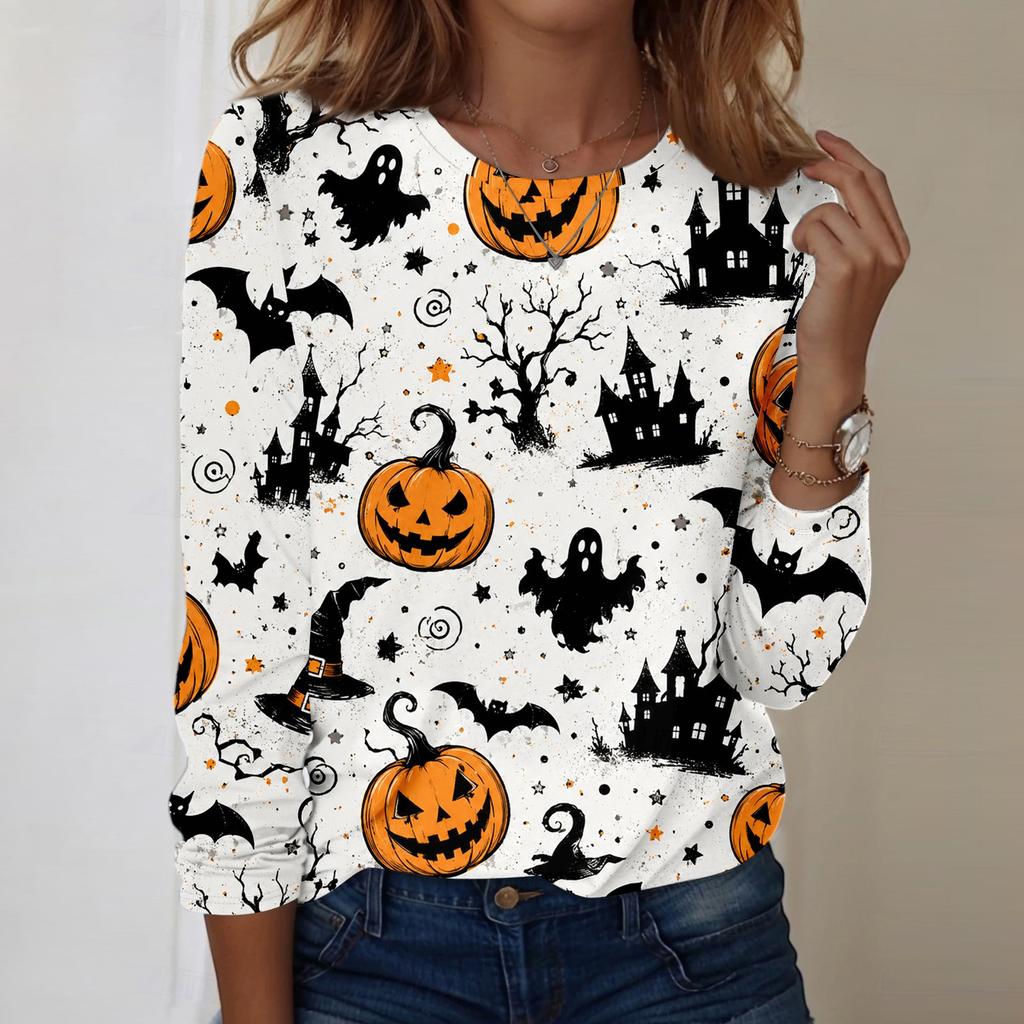 Women's Casual Long Sleeve Halloween Sweatshirt Crew Neck Pumpkin Face Print Lightweight Pullover Top for Fall and Holiday Season