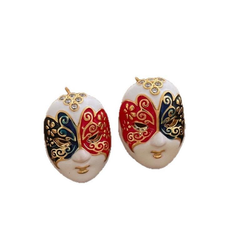 Unique Design Multicolor Enamel Mask Facial Make-Up Face Drop Earrings For Women Real Gold Plated Alloy Statement Jewelry