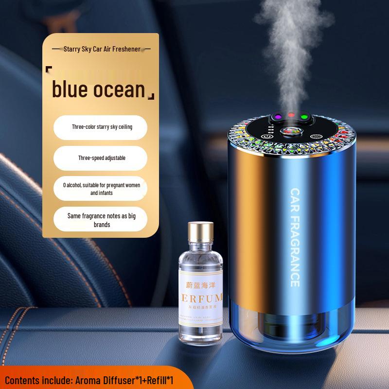 Starry Sky Automatic Car Aroma Diffuser: 3-Color Deodorizing Spray with Ambient Roof Lighting.