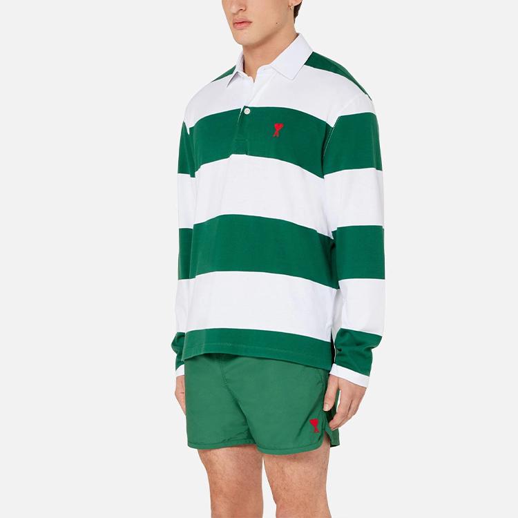 AMIPARIS Cotton Plain Knit Striped Long Sleeve Polo Shirt Autumn Men Tops White Green A21HJ21175-301