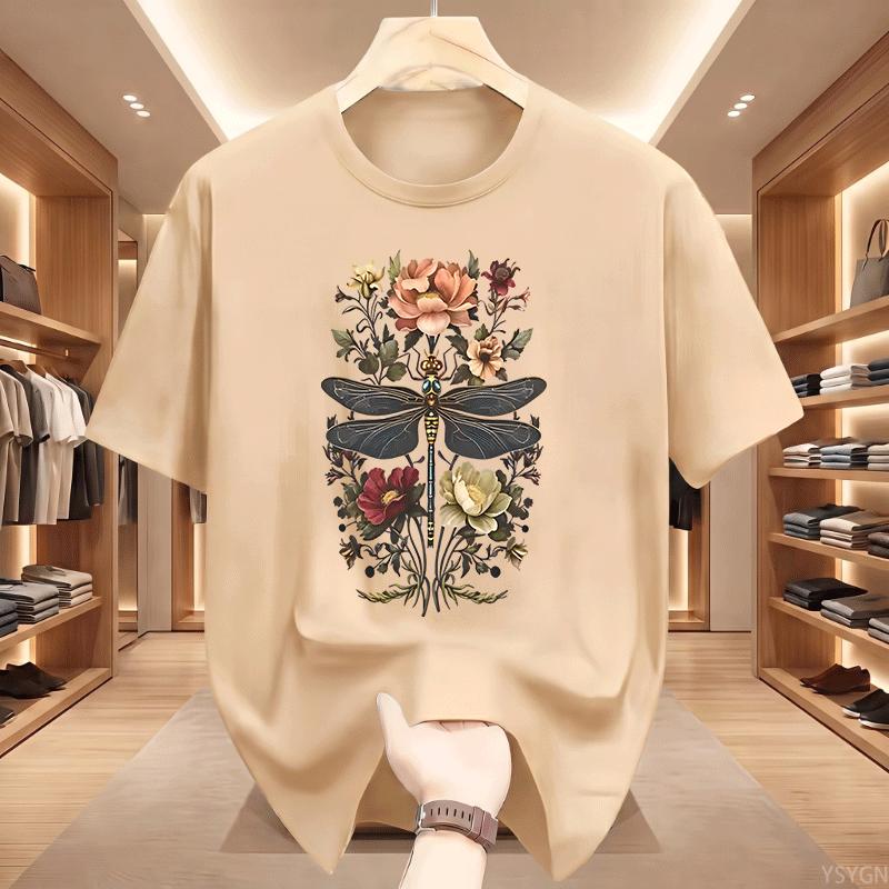 Vintage Summer Dragonfly TShirt Unisex Boho Floral Cottagecore Botanical Print T Shirts Casual Round Neck Cotton Short Sleeve Tops