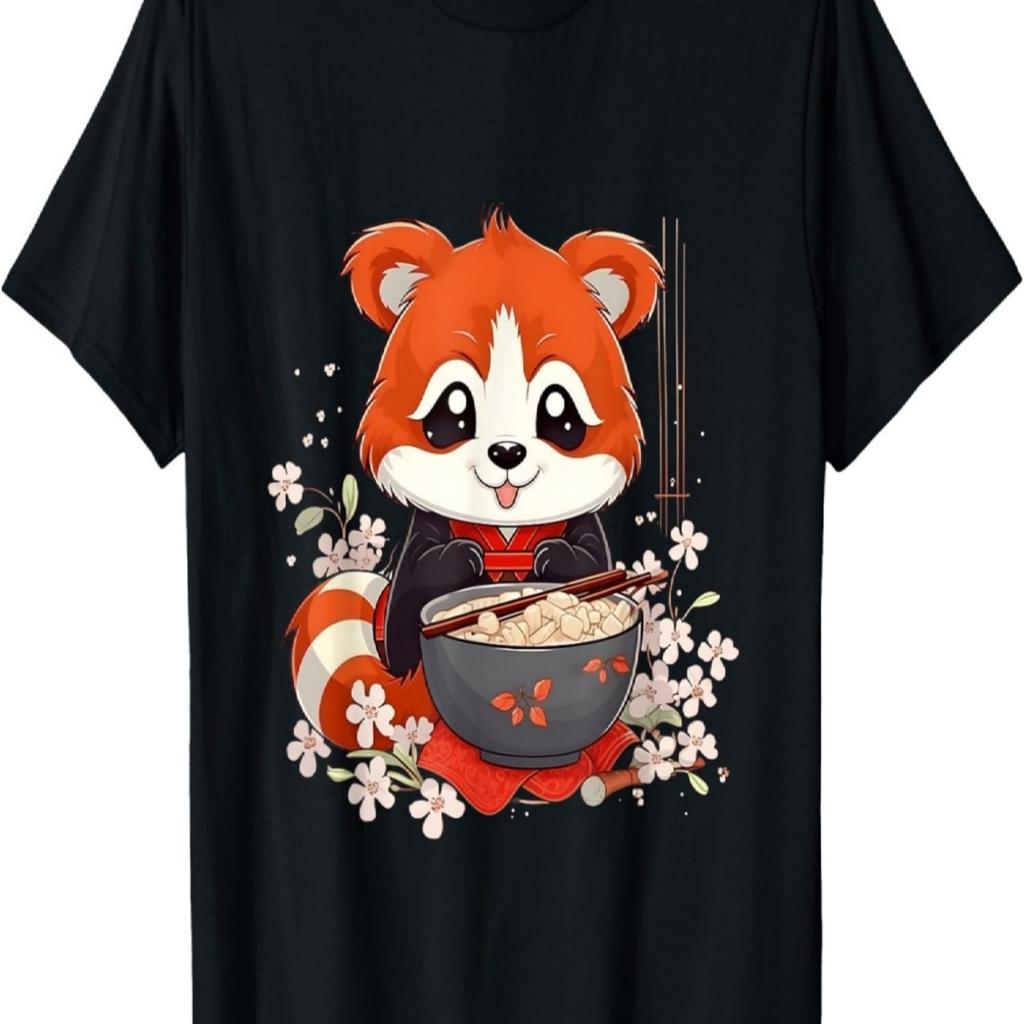 Otaku Anime Red Panda Eat Ramen Noodles Cherry Blossom T-Shirt(26)