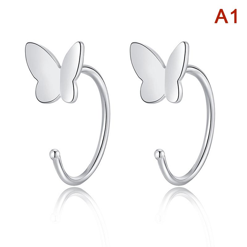 1Pair Butterfly Heart Star Round Shape Ear Clip Silver Color Hoop Earrings For Women Girls Opening Hoops Earring Jewelry