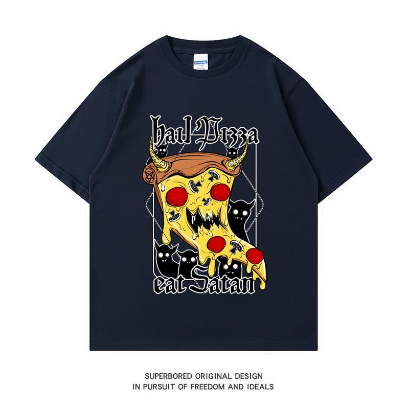 

220 GSM тяжелая футболка из 100% хлопка футболка «Град, пицца, ешь сатану» с принтом, мужские повседневные базовые мужские топы с круглым вырезом, футболка