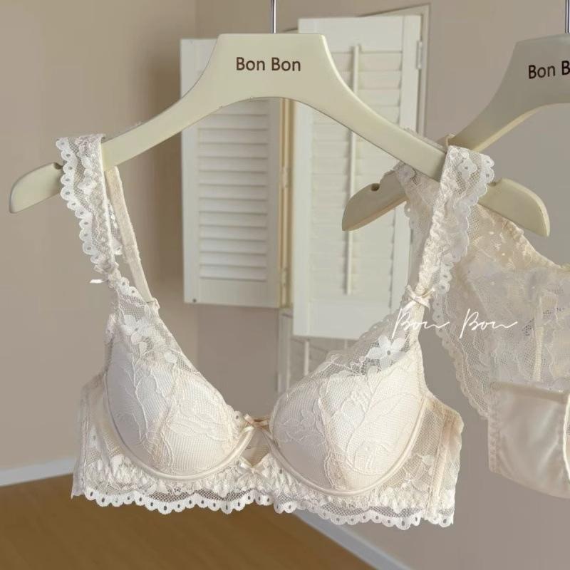 French Underwear Women's Small Breasts Gather Thin Breathable Breasts Anti-sagging Sexy Lace Back Bra Cover Set