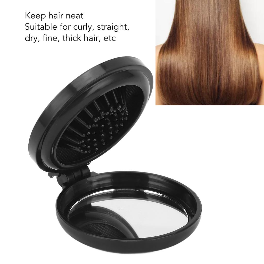Mini Folding Mirror Hair Brush Home Travel Portable Round Pocket Cushion Hair Brush for Straight Curly Hair