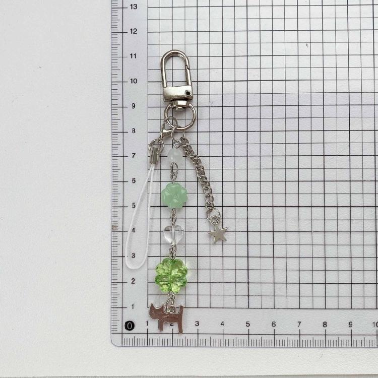 Portable Colorful Beaded Keychain Cat and Four Leaf Clovers Key Chain Jewelry for Stylish Women Trendy Bag Pendant