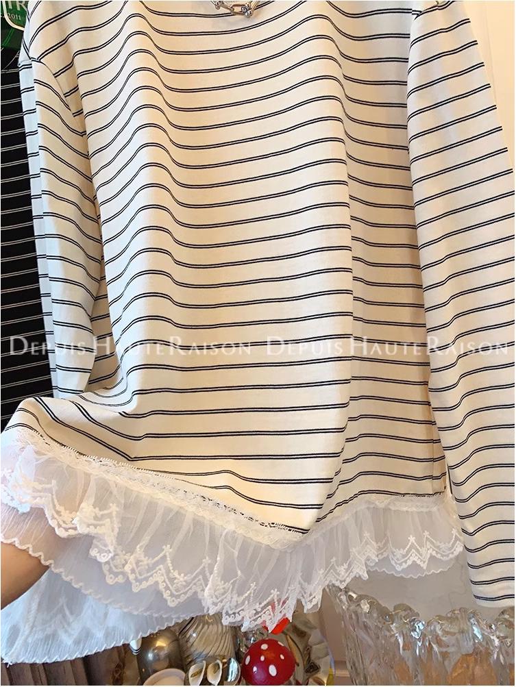 Korean-Style Striped Lace Trim Fake Two-Piece Long-Sleeve Women's T-Shirt