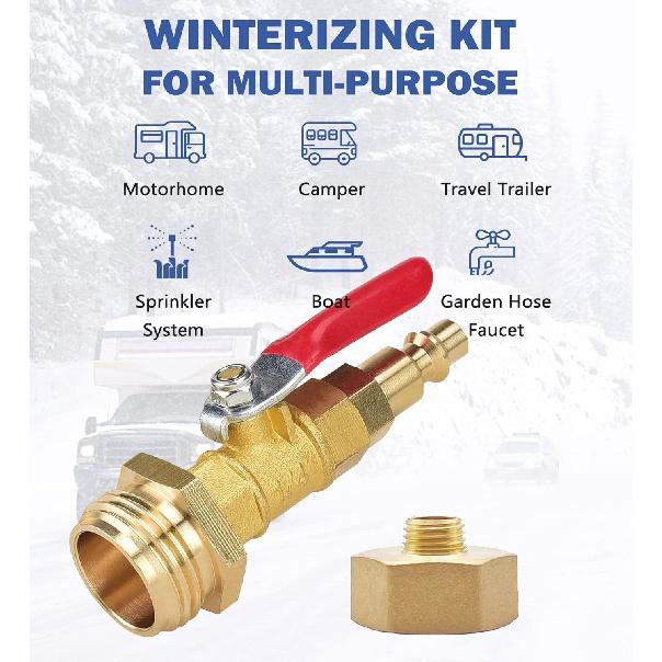 RV Winterizing Kit, RV Blowout Adapter With Shut Off Valve, Sprinkler Blowout Adapter With Quick-Connect Plug To 3/4" Garden Hose, Camper Winterize