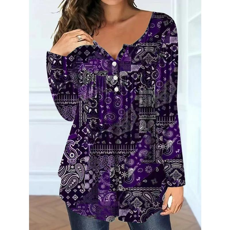 Women S Plus Size V Neck Long Sleeve Paisley Pattern Loose Fit T Shirt