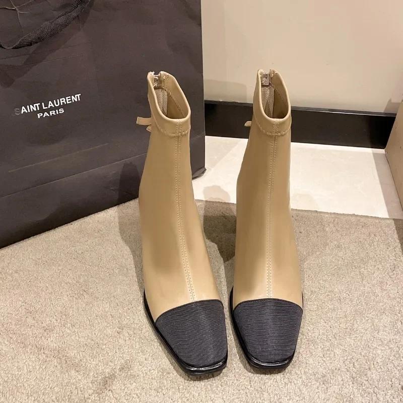 Femei Cizme Coreene Iarnă Tocuri Înalte Fundă Vârf Pătrat Retro Cizme Glezna Tocuri Groase Pantofi Rochie Elastice Scurte Botas De Mujer