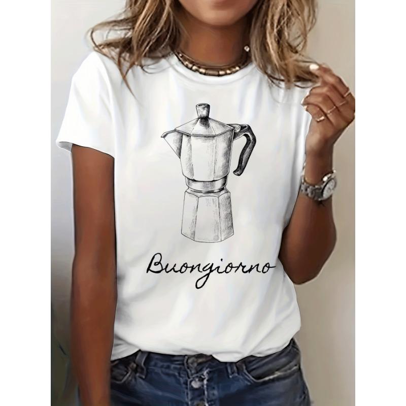 Buongiorno Italian Graphic Print T-Shirt, Short Sleeve Crew Neck Casual Top for Summer & Spring, Women'S Clothing