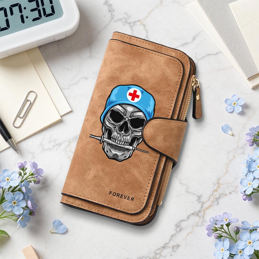 Gothic Skull Nurse Pattern Long Wallet Forever Printed Credit Card Holder Multi Slot Portable Purse