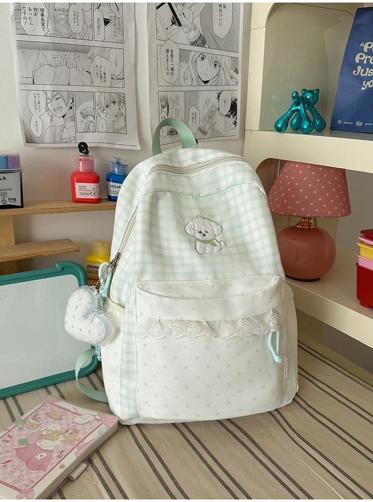 Schoolbag summer fresh blue and white grid small polka dot backpack soft cute puppy embroidery sweet age-reducing student party travel small backpack