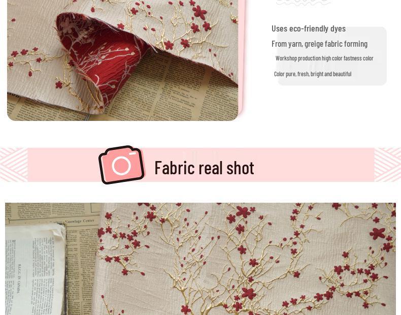 Elegant Women's Dress with Gold Embossed Thread and Red Floral Jacquard Fabric