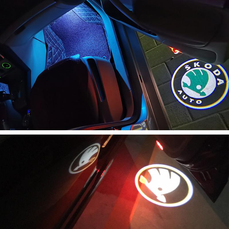 2PCS Car Door Welcome Courtesy Logo Lights Ghost Projector Shadow Lamps for Skoda VRS Fabia Octavia Roomster Superb Accessories fsvr64