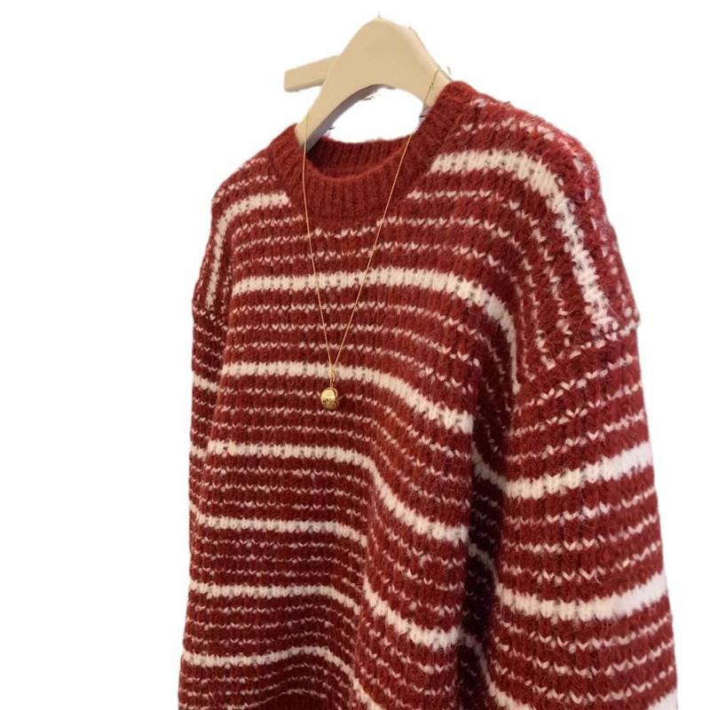 Womens Red Striped Crewneck Sweater Loose Fit Thick Warm Fall Winter Top Everyday Wear