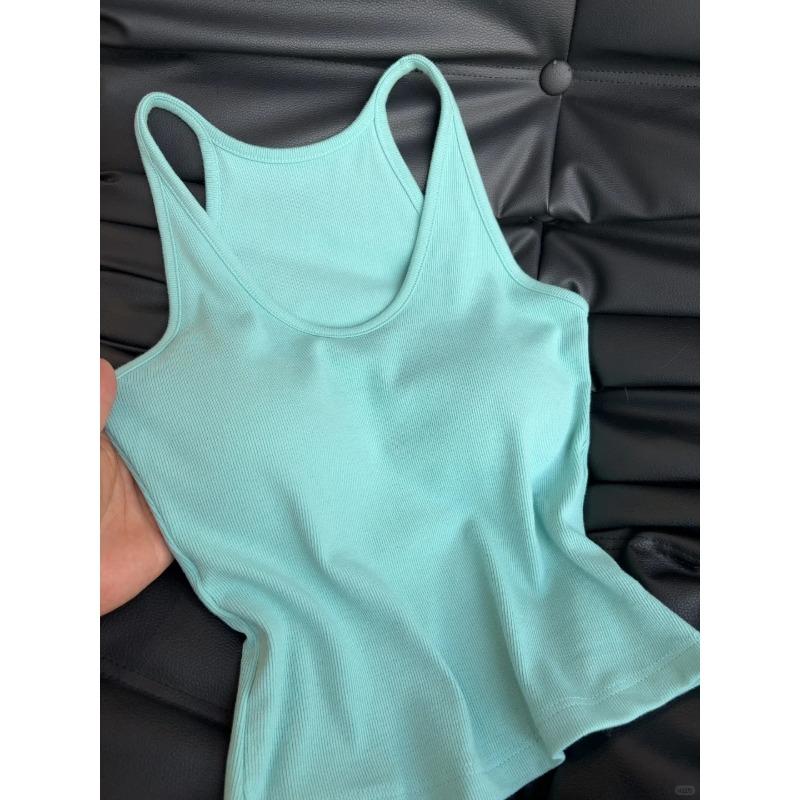 Women Solid Color Slim Fit U Neck Halter Sleeveless Cami Tank Top With Chest Pad S