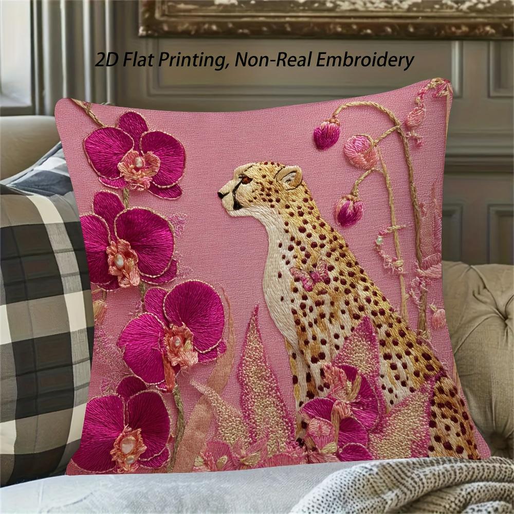 2D Flat- # Pink Cheetah Orchid Floral Throw Pillow Cover 2D Flat Printed Decorative Cushion Case For Home Sofa Bedroom
