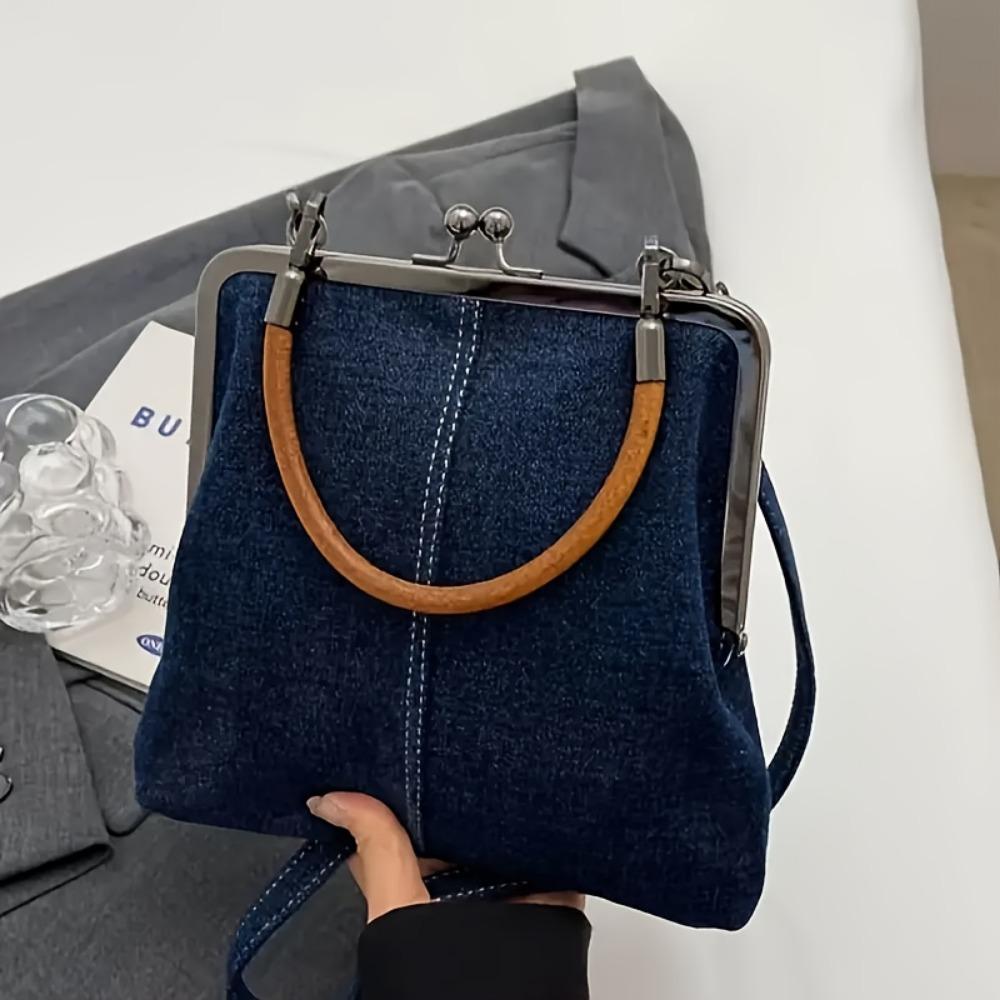 Handgefertigte faltbare Denim-Umhängetasche für Damen mit Drehverschluss, abnehmbarem Riemen und Quastendetail – schicke, einfarbige Umhängetasche