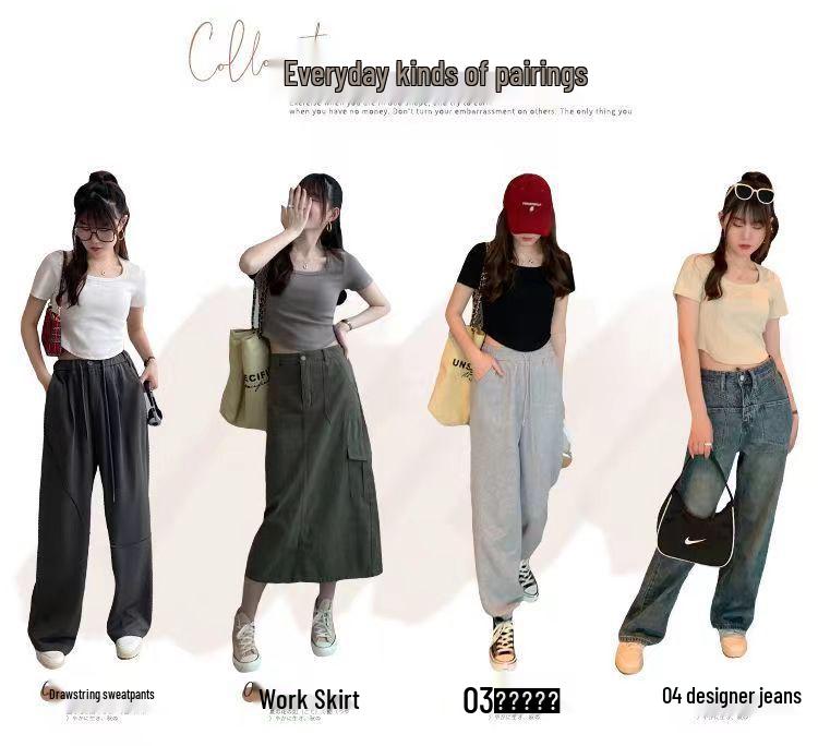 Women's Slim Fit Square Neck Short-Sleeve Tee - Summer Thin, Figure-Flattering, Pure Style, Plain Color Trendy Top