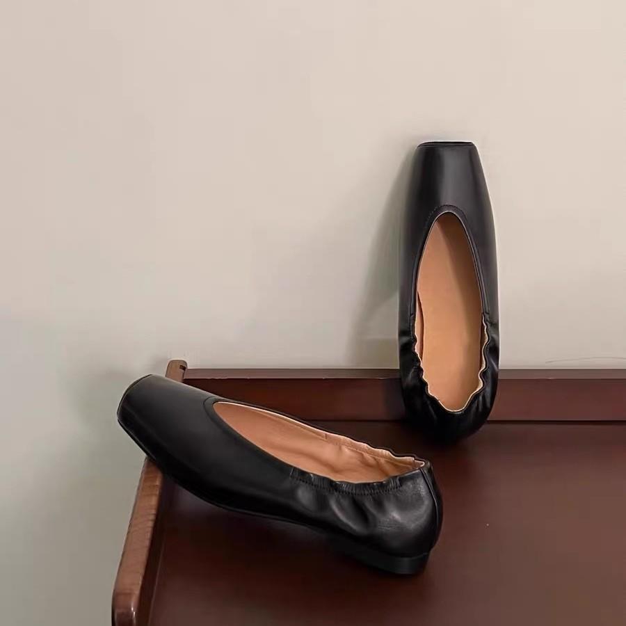 French Square Head Ballet Shoes Women's Leather Flat Bottom Shallow Mouth Grandma Shoes New Mary Jane