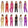 Girls Hip-Hop Jazz Dance Costume: Sleeveless Backless Front Zipper Hooded Crop Top with Sparkling Sequins & Elastic Waist Metallic Pants