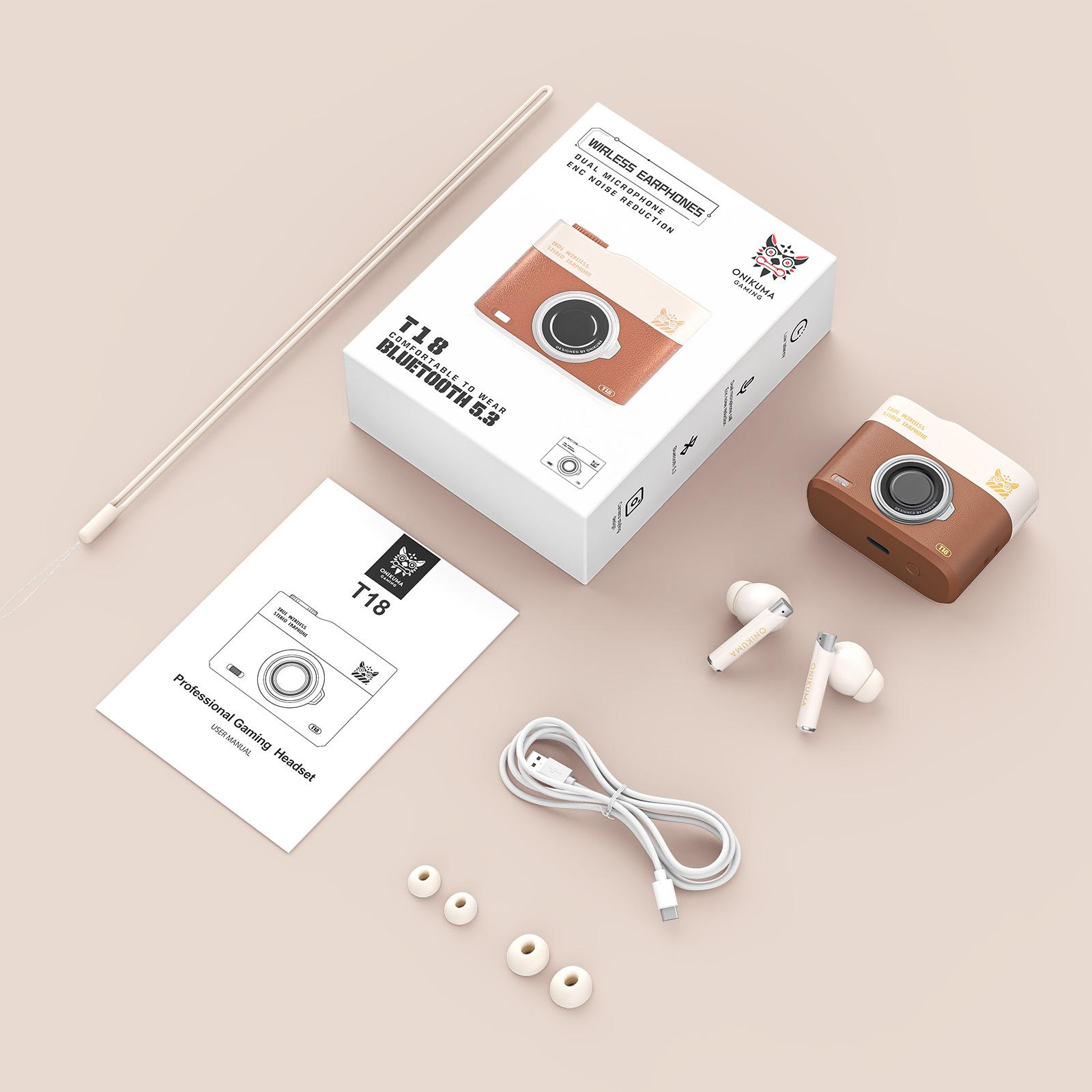 

ONIKUMA Беспроводные наушники T18 TWS Bluetooth 5.3 с двойным микрофоном ENC, HD-микрофоном и стереозвуком HiFi, игровой музыкальный двойной режим для iOS и Android 6.2*4.8*2.2cm светло-коричневого