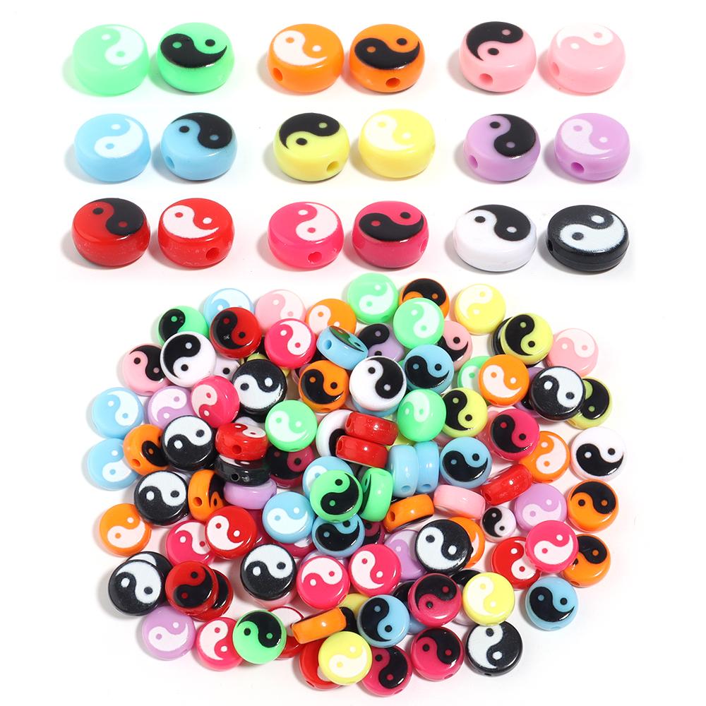 50-100pcs Tai Chi Acrylic Beads Yin Yang Black White Flat Round Loose Beads for Jewelry Making DIY Bracelet Necklace Accessories