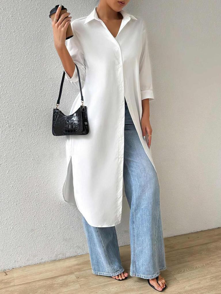 Women's Mid-Sleeve Solid Color Cardigan Shirt Dress