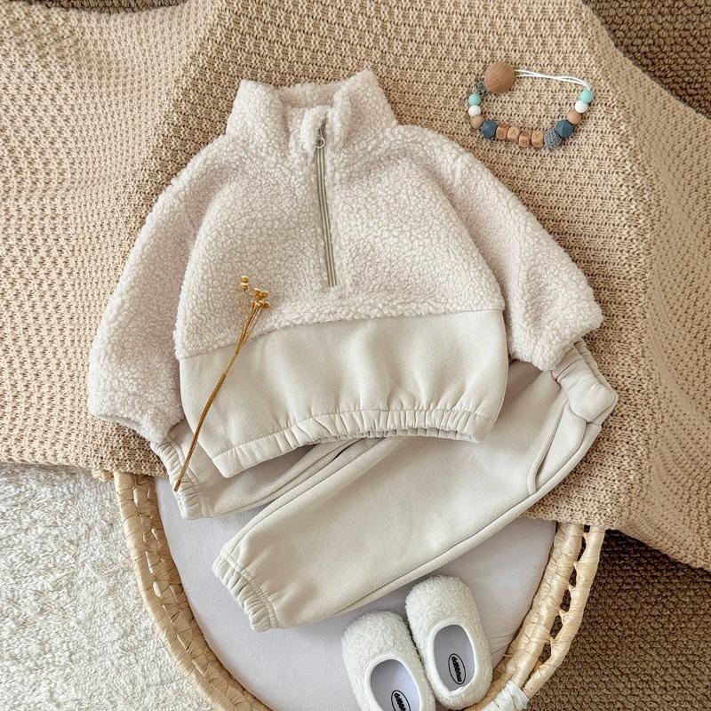 Herbst Winter Thermosuit Babykleidungssets Jungen Mädchen Lammfleece Farbblockiert Hoher Kragen Unifarbene Hose
