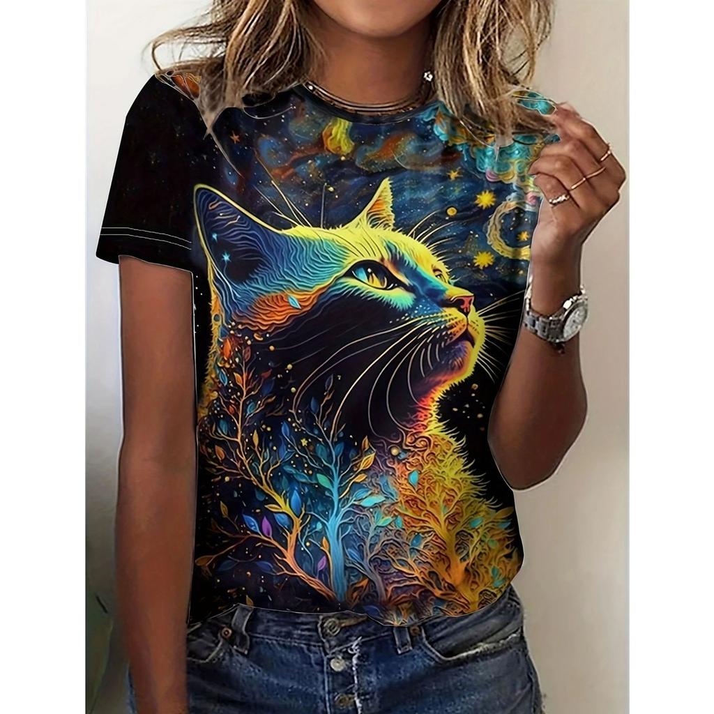 Women's short sleeved top pullover T-shirt 3D digital printed colorful cat pattern pullover shirt