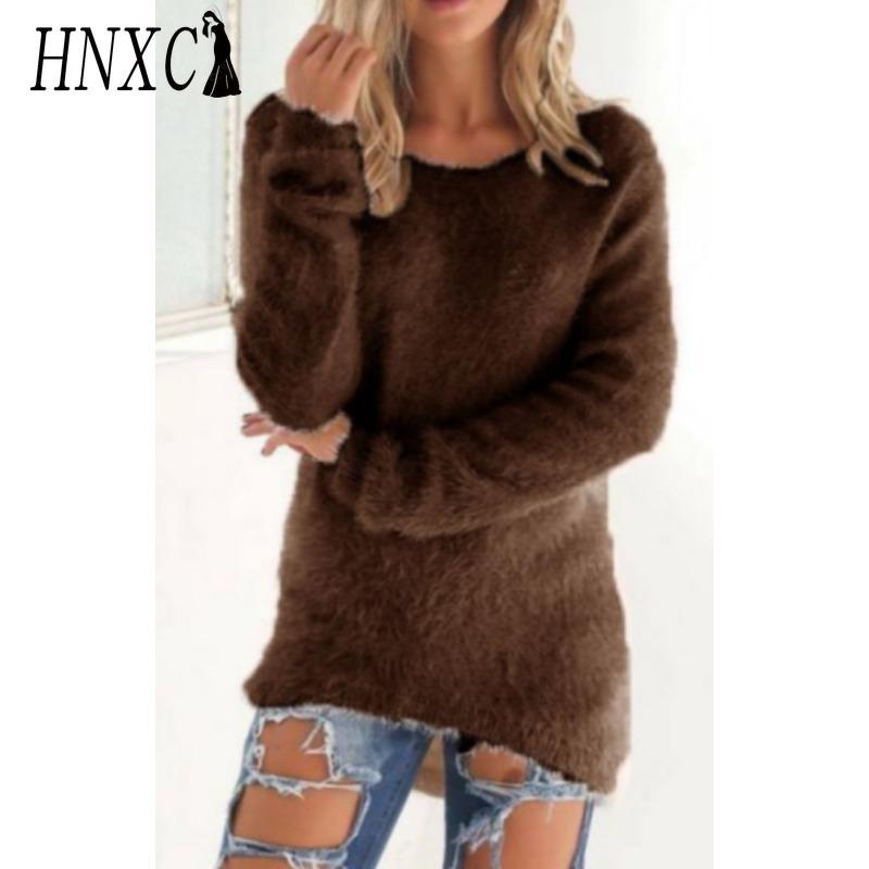 HNXC Women's Fashion Casual Solid Color Print Autumn Winter Long Sleeve O-Neck Loose Sweaters