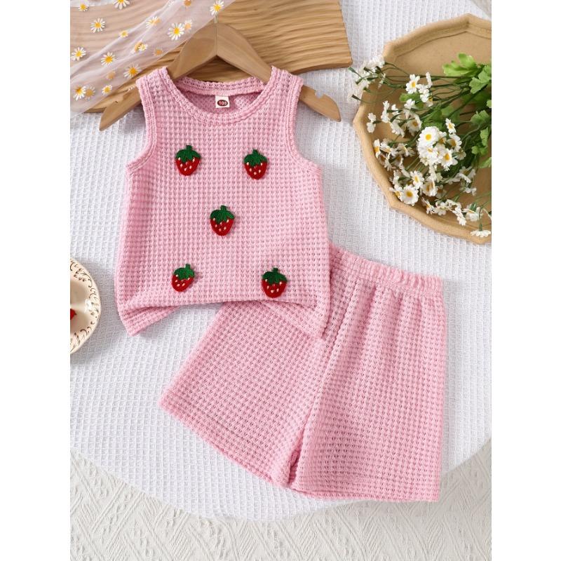 Girls Knitted Vest Suit Summer Baby Strawberry Jeans Summer Dress Little Girl Korean Style Versatile and Sweet 90cm розовый
