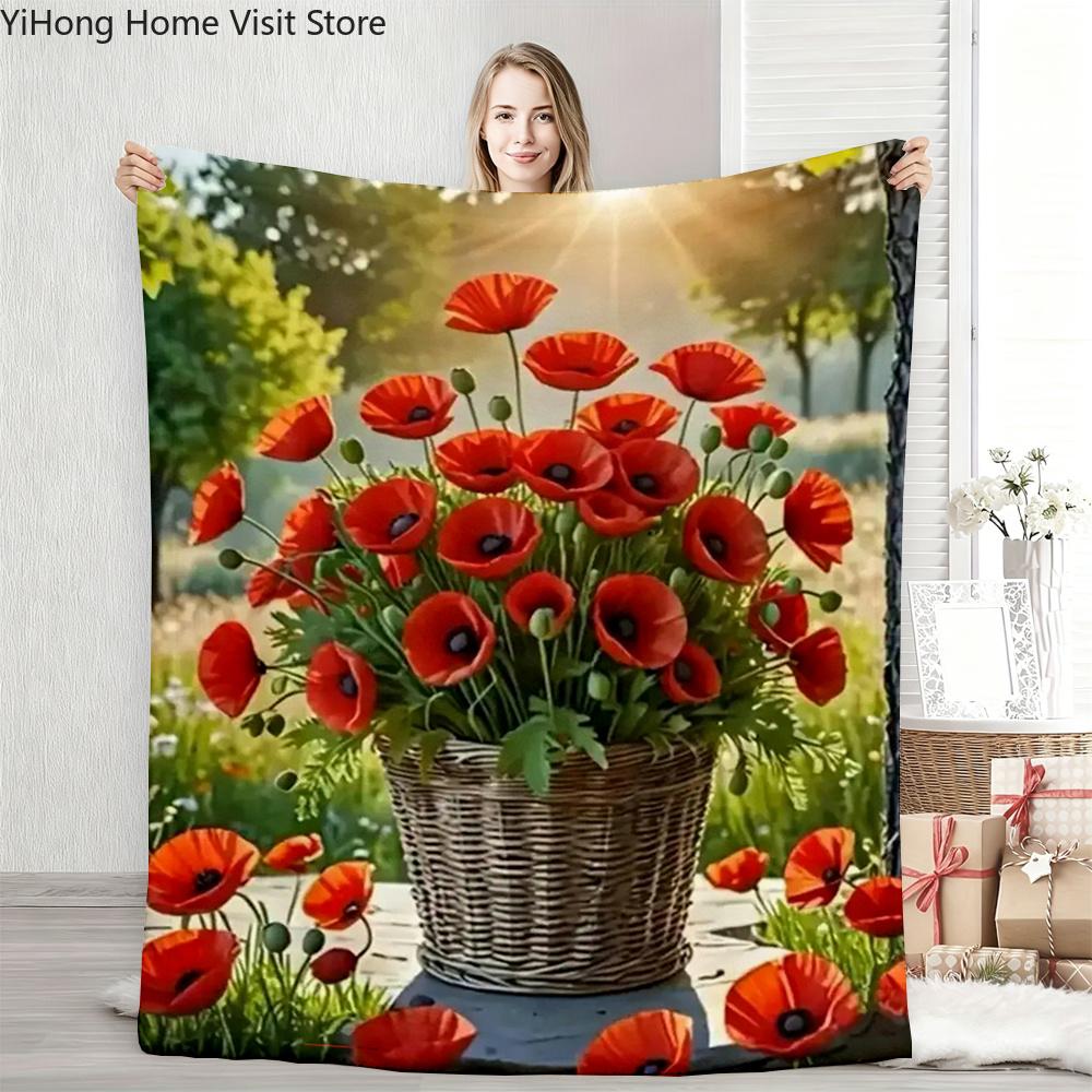 3D Mohnblume Weiche Plüschdecke, Flanelldecke Überwurfdecke für Wohnzimmer Schlafzimmer Bett Sofa Picknick Wandern Freizeit Nickerchen