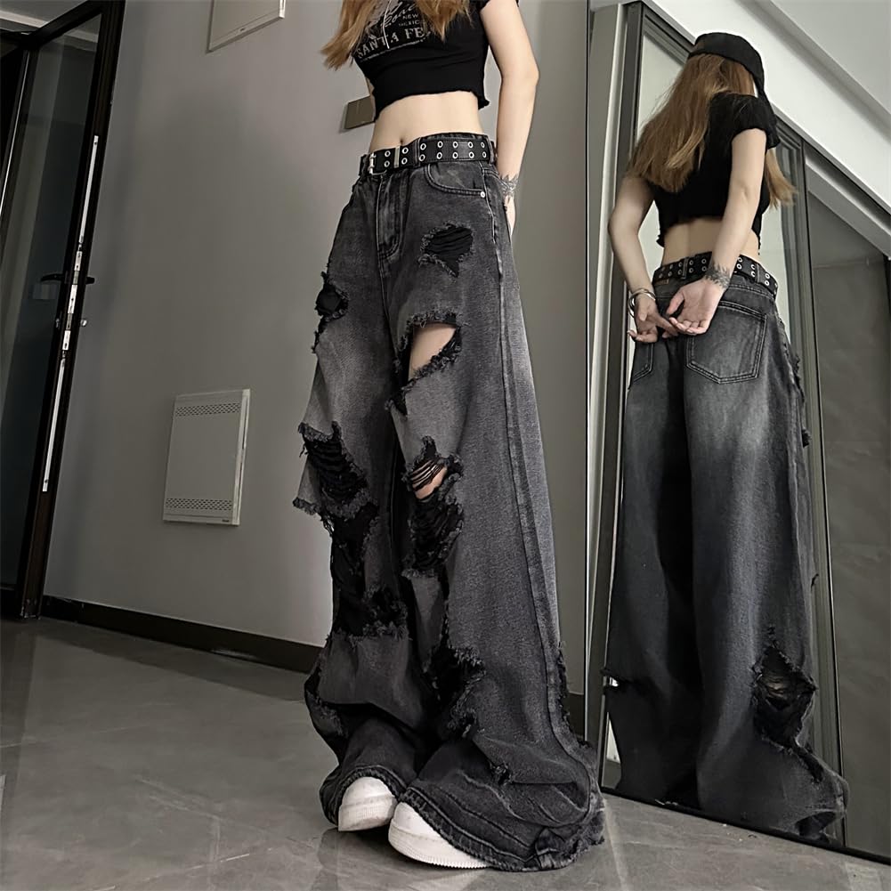 JQBFL Distressed Denim Loose Wide Leg Washed Fashionable Long Distressed Street Perfect for Commuting and School Women's Pants, Fit, Pants, Jeans,