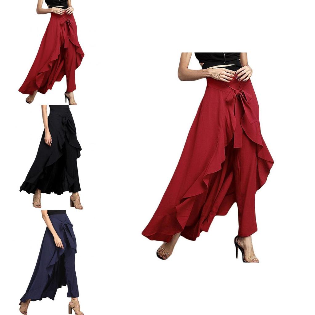 Ankle Women Length Chiffon Tiewaist Ruffle Color Long Palazzo Pure Pants