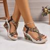 Woman Leather Summer  Wedge Female Large Size Mid-heeled Platform Black  Comfortable Retro Sandals for Women